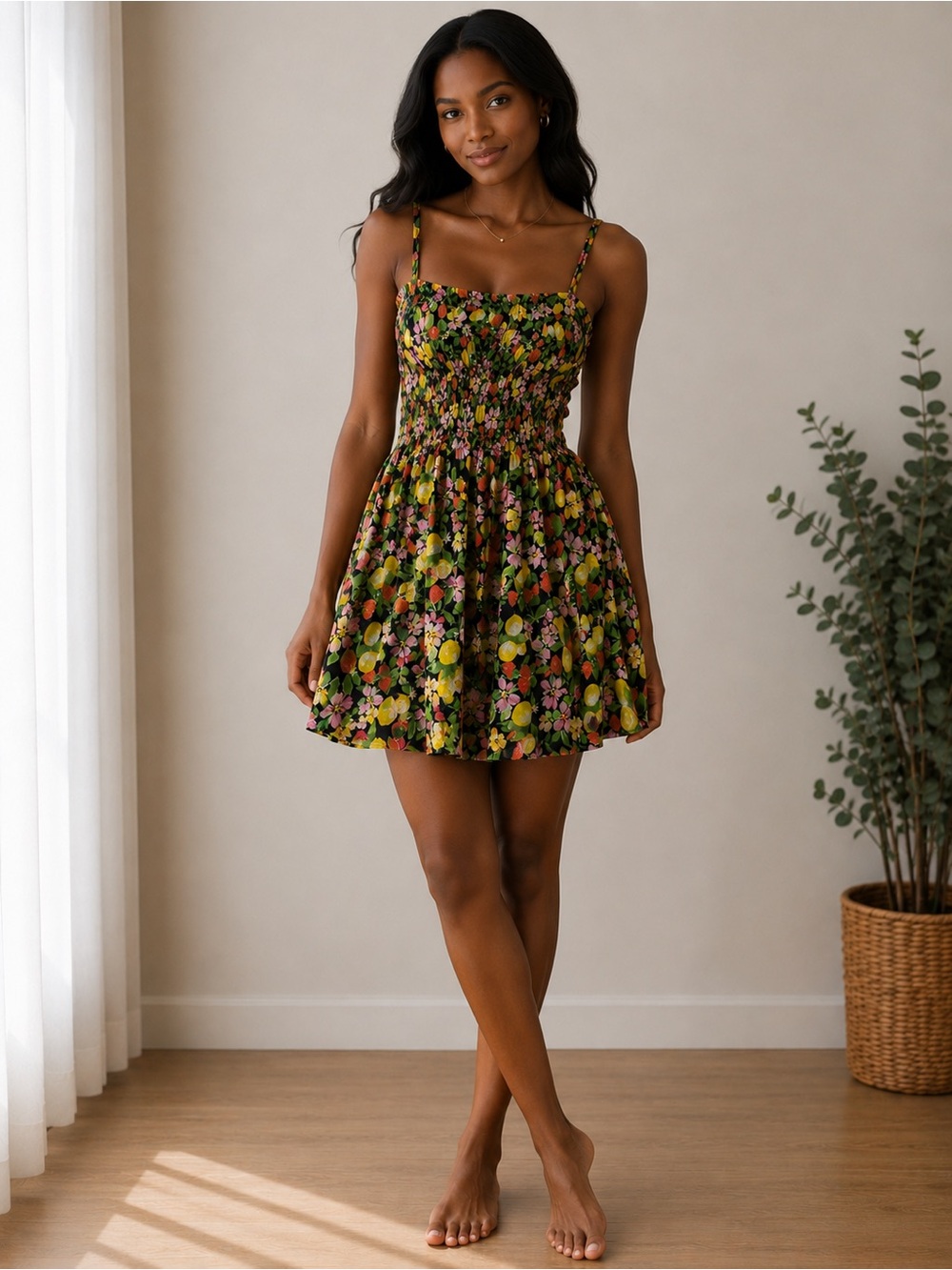 Aqua Black Sundress with Yellow Lemon and Pink Floral Print